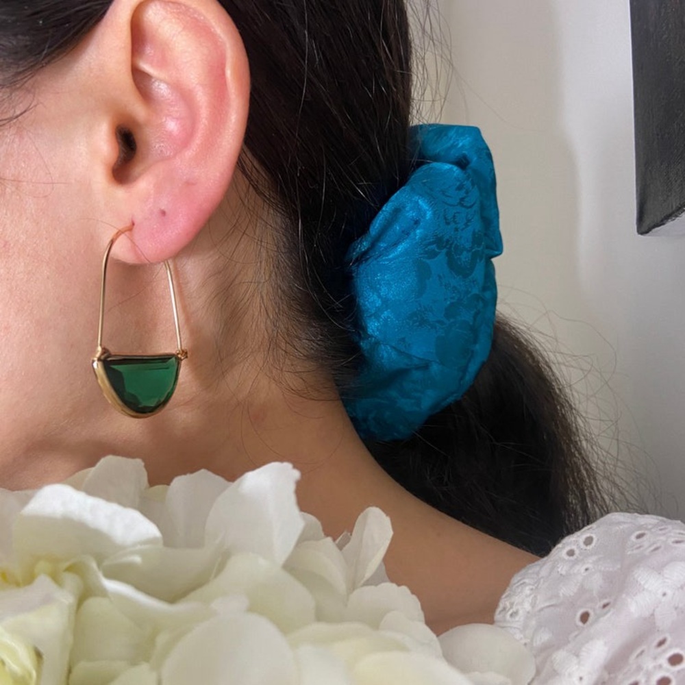 Crescent Gold and Green Glass Hoop Earrings - Picture 2 of 4
